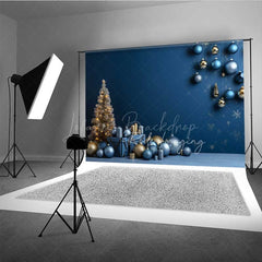 Lofaris Modern Christmas Photography Backdrop Blue and Gold Ornaments with Gifts Minimalist Holiday Studio Photo Prop