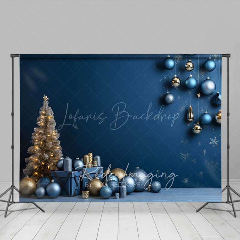 Lofaris Modern Christmas Photography Backdrop Blue and Gold Ornaments with Gifts Minimalist Holiday Studio Photo Prop