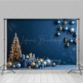 Lofaris Modern Christmas Photography Backdrop Blue and Gold Ornaments with Gifts Minimalist Holiday Studio Photo Prop