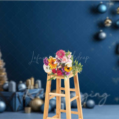 Lofaris Modern Christmas Photography Backdrop Blue and Gold Ornaments with Gifts Minimalist Holiday Studio Photo Prop