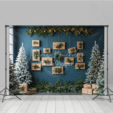 Lofaris Modern Christmas Photography Backdrop Blue Wall with Hanging Kraft Paper Presents Flocked Trees Holiday Background