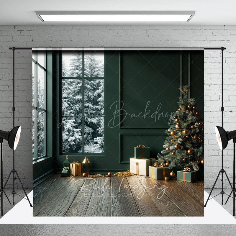 Lofaris Modern Christmas Photography Backdrop Dark Green Room with Snowy Window Minimalist Holiday Tree Background