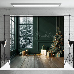 Lofaris Modern Christmas Photography Backdrop Dark Green Room with Snowy Window Minimalist Holiday Tree Background