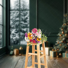 Lofaris Modern Christmas Photography Backdrop Dark Green Room with Snowy Window Minimalist Holiday Tree Background