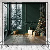 Lofaris Modern Christmas Photography Backdrop Dark Green Room with Snowy Window Minimalist Holiday Tree Background