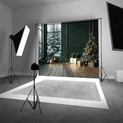 Lofaris Modern Christmas Photography Backdrop Dark Green Room with Snowy Window Minimalist Holiday Tree Background