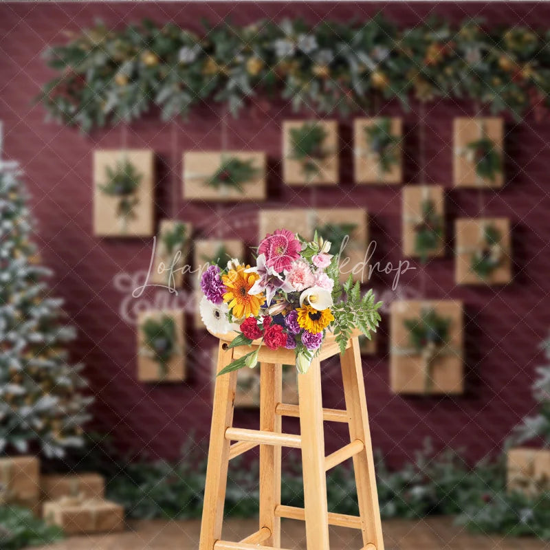 Lofaris Modern Christmas Photography Backdrop Red Wall with Hanging Kraft Paper Presents Flocked Trees Holiday Background