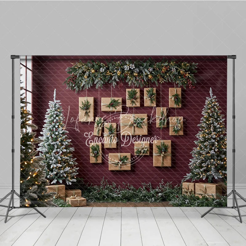 Lofaris Modern Christmas Photography Backdrop Red Wall with Hanging Kraft Paper Presents Flocked Trees Holiday Background