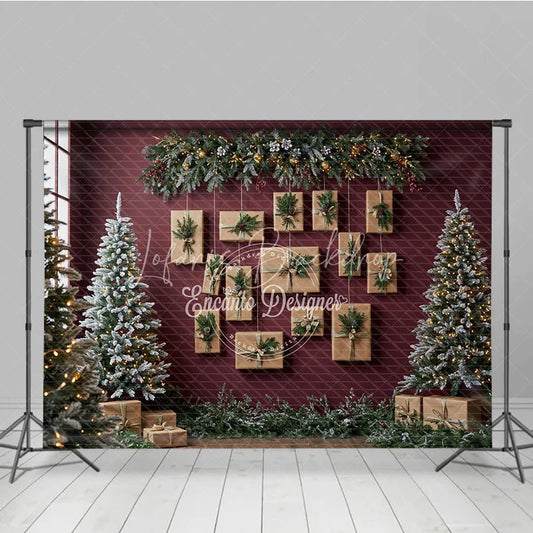Lofaris Modern Christmas Photography Backdrop Red Wall with Hanging Kraft Paper Presents Flocked Trees Holiday Background