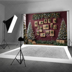 Lofaris Modern Christmas Photography Backdrop Red Wall with Hanging Kraft Paper Presents Flocked Trees Holiday Background