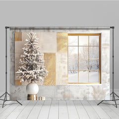 Lofaris Modern Christmas Photography Backdrop Window with Snowy Scene and Frosted Tree Neutral Holiday Studio Photo Prop