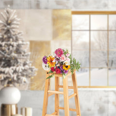 Lofaris Modern Christmas Photography Backdrop Window with Snowy Scene and Frosted Tree Neutral Holiday Studio Photo Prop