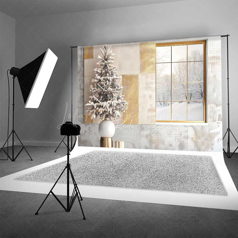 Lofaris Modern Christmas Photography Backdrop Window with Snowy View and Frosted Tree Neutral Holiday Studio Photo Prop