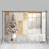 Lofaris Modern Christmas Photography Backdrop Window with Snowy View and Frosted Tree Neutral Holiday Studio Photo Prop