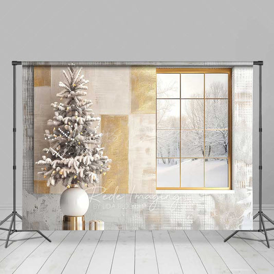 Lofaris Modern Christmas Photography Backdrop Window with Snowy View and Frosted Tree Neutral Holiday Studio Photo Prop