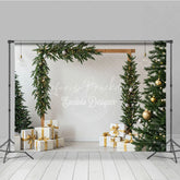 Lofaris Modern Christmas Photography Backdrop Wood Arch with Garland and Trees Minimalist Holiday Photo Background