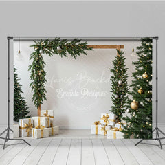 Lofaris Modern Christmas Photography Backdrop Wood Arch with Garland and Trees Minimalist Holiday Photo Background