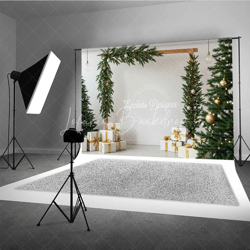 Lofaris Modern Christmas Photography Backdrop Wood Arch with Garland and Trees Minimalist Holiday Photo Background