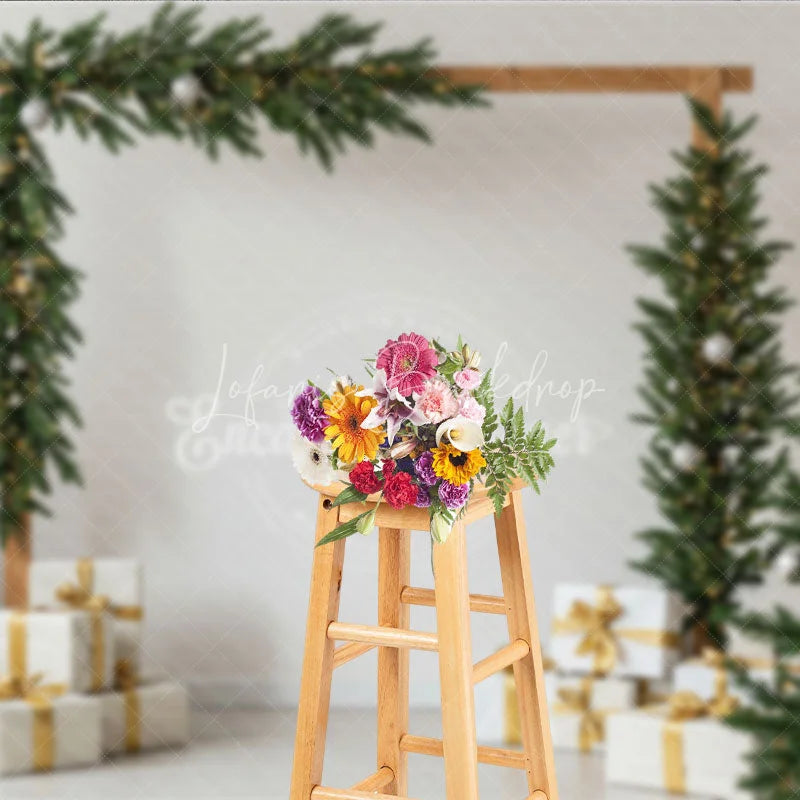 Lofaris Modern Christmas Photography Backdrop Wood Arch with Garland and Trees Minimalist Holiday Photo Background