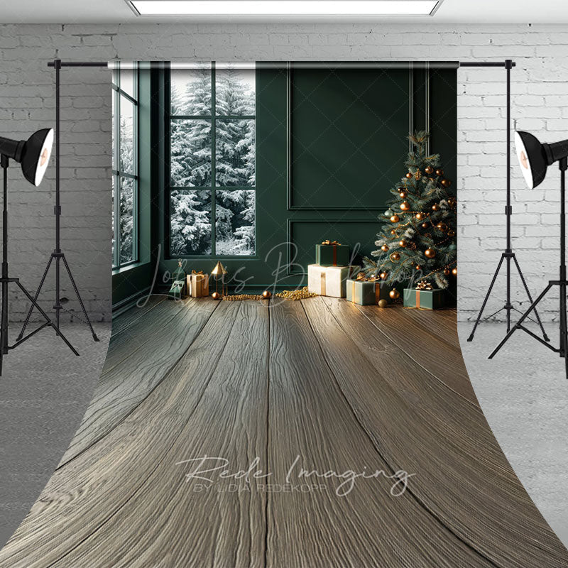 Lofaris Modern Christmas Room Sweep Backdrop Dark Green Wall with Snowy Window Holiday Mini Session Floor Drop