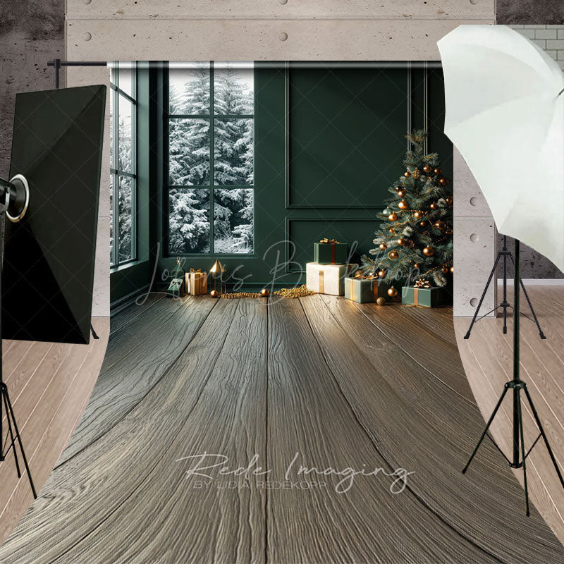 Lofaris Modern Christmas Room Sweep Backdrop Dark Green Wall with Snowy Window Holiday Mini Session Floor Drop