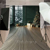 Lofaris Modern Christmas Room Sweep Backdrop Dark Green Wall with Snowy Window Holiday Mini Session Floor Drop