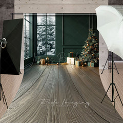 Lofaris Modern Christmas Room Sweep Backdrop Dark Green Wall with Snowy Window Holiday Mini Session Floor Drop
