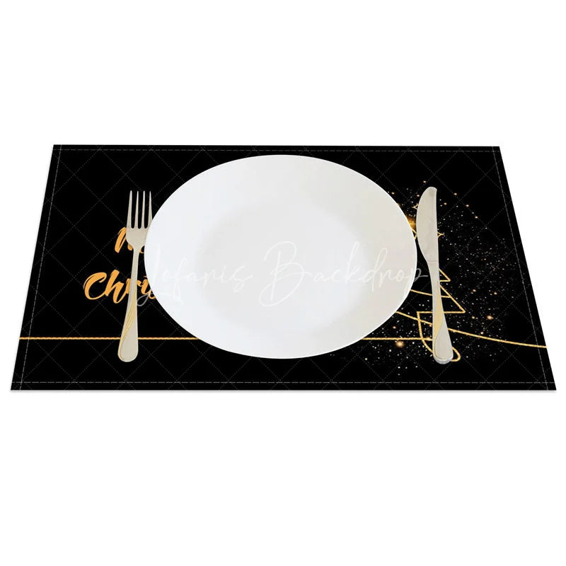Lofaris Modern Christmas Set of 4 Placemats Black and Gold Sparkling Tree Elegant Holiday Table Mats Decor