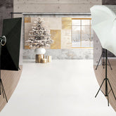 Lofaris Modern Christmas Sweep Photo Backdrop Window with Snowy View and Frosted Tree Neutral Holiday Studio Prop