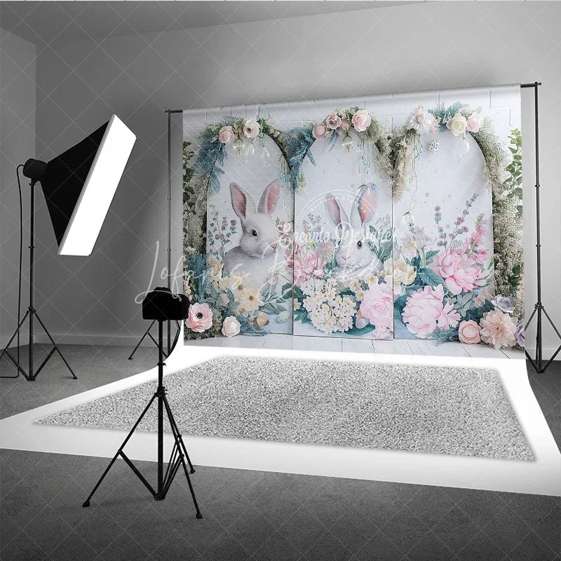Lofaris Modern Easter Bunny Arch Backdrop Pink Peony and Spring Greenery Party Decoration