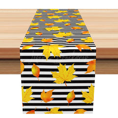Lofaris Modern Fall Table Runner with Yellow Maple Leaves and Black White Stripes for Autumn Dining Decor