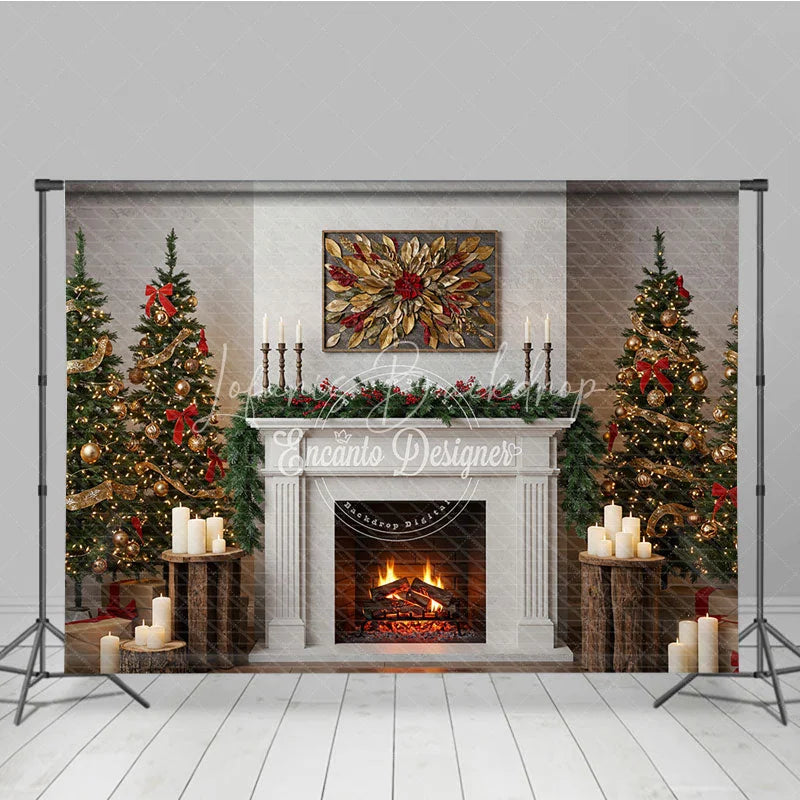Lofaris Modern Farmhouse Christmas Fireplace Photography Backdrop White Mantle with Trees Rustic Holiday Background