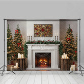 Lofaris Modern Farmhouse Christmas Fireplace Photography Backdrop White Mantle with Trees Rustic Holiday Background