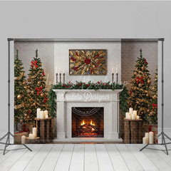 Lofaris Modern Farmhouse Christmas Fireplace Photography Backdrop White Mantle with Trees Rustic Holiday Background
