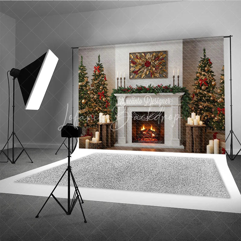 Lofaris Modern Farmhouse Christmas Fireplace Photography Backdrop White Mantle with Trees Rustic Holiday Background