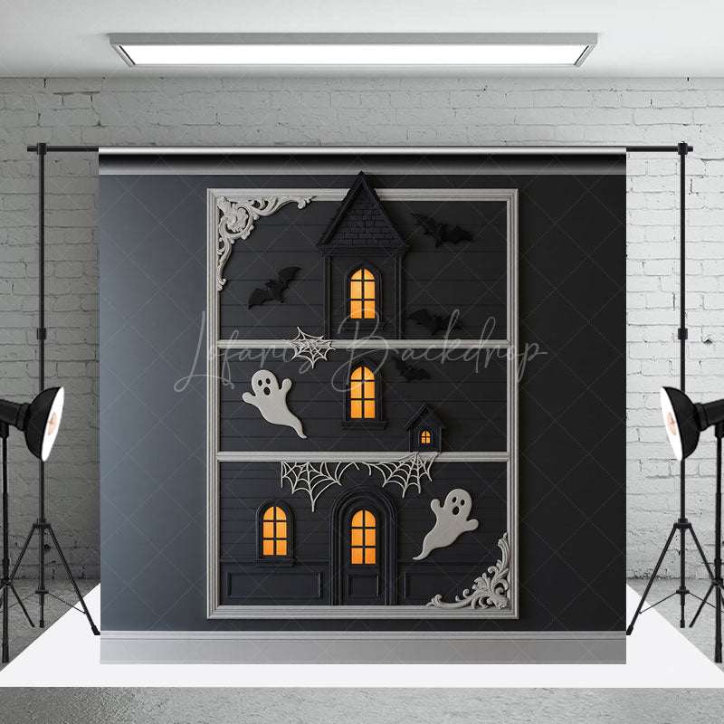 Lofaris Modern Framed Haunted House Photography Backdrop Minimalist Ghost and Bat Decor Spooky Chic Wall Art Background