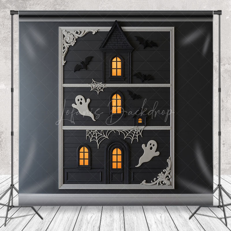 Lofaris Modern Framed Haunted House Photography Backdrop Minimalist Ghost and Bat Decor Spooky Chic Wall Art Background