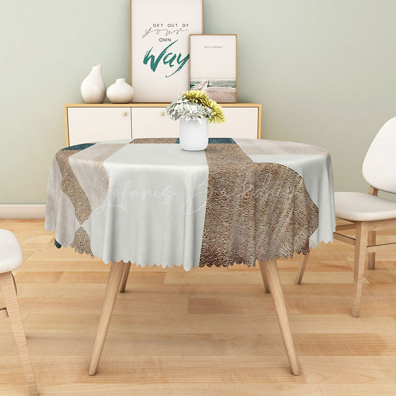 Lofaris Modern Geometric Patchwork Round Tablecloth in Grey Brown and Blue for Contemporary Abstract Decor