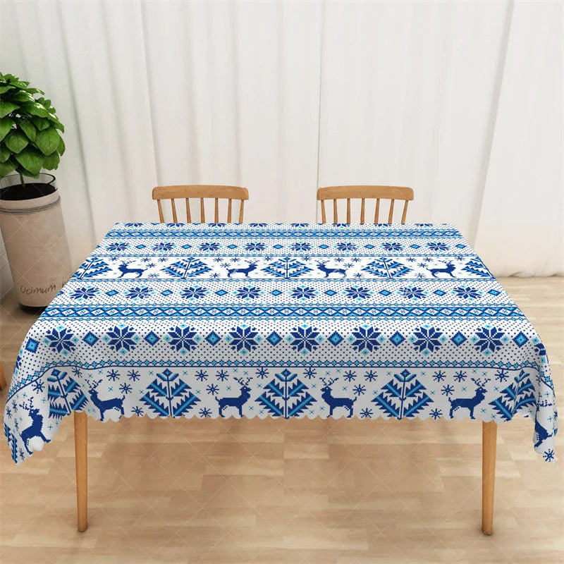 Lofaris Modern Geometric Rectangle Tablecloth Navy Blue with White Pattern Abstract Dining Table Cover Decor