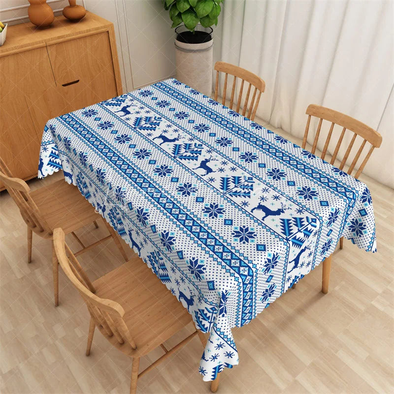 Lofaris Modern Geometric Rectangle Tablecloth Navy Blue with White Pattern Abstract Dining Table Cover Decor