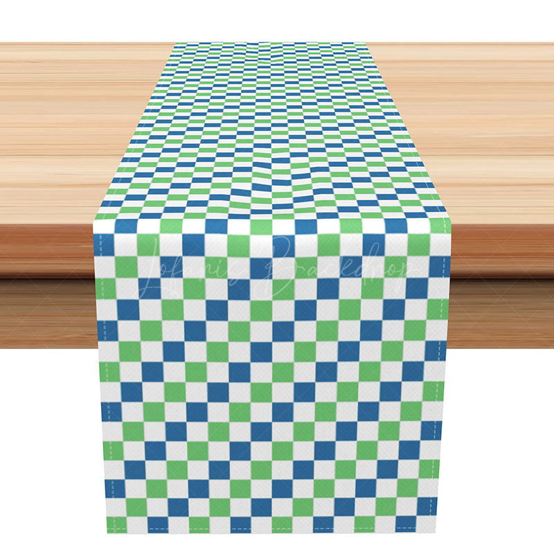 Lofaris Modern Gingham Table Runner in Green and Blue Contemporary Plaid for Everyday Kitchen Dining