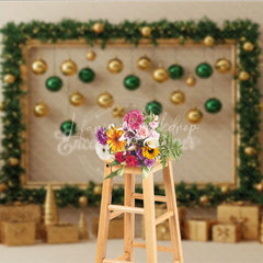 Lofaris Modern Gold and Green Christmas Photography Backdrop Garland Frame with Ornaments Elegant Holiday Photo Booth