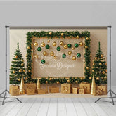 Lofaris Modern Gold and Green Christmas Photography Backdrop Garland Frame with Ornaments Elegant Holiday Photo Booth