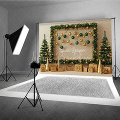 Lofaris Modern Gold and Green Christmas Photography Backdrop Garland Frame with Ornaments Elegant Holiday Photo Booth