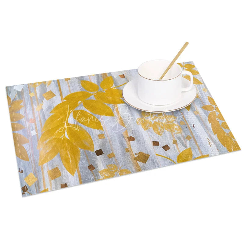Lofaris Modern Gray and Yellow Leaf Pattern Set of 4 Placemats for Contemporary Fall Autumn Kitchen Decor
