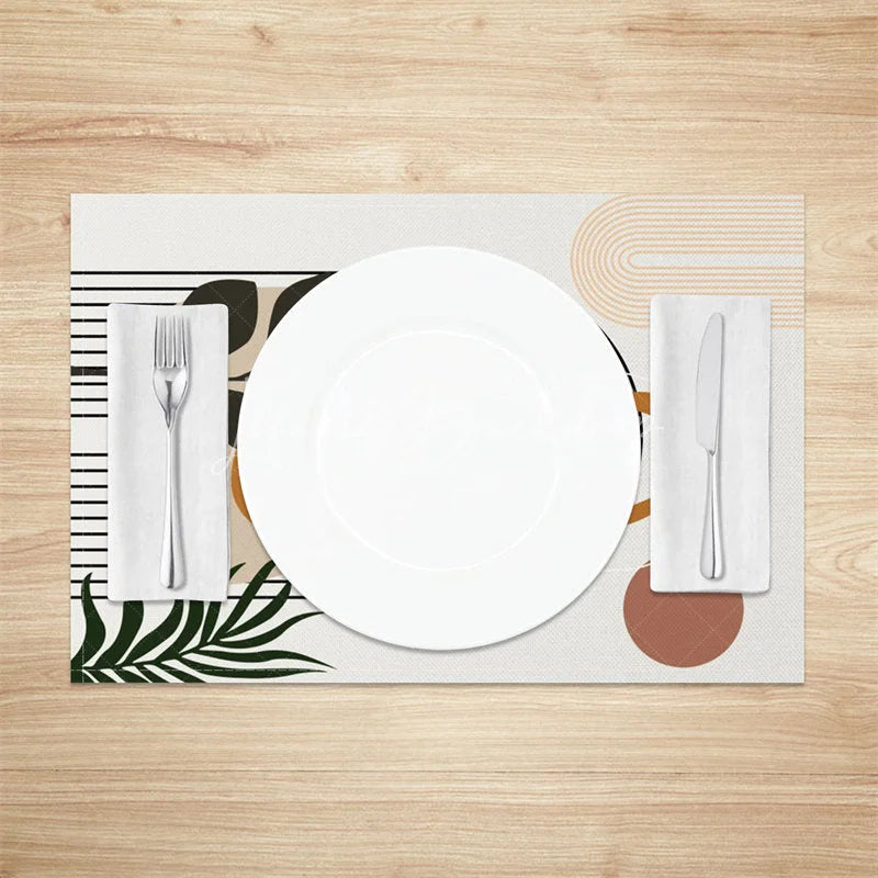 Lofaris Modern Green Leaf and Brown Circle Set of 4 Placemats for Mid-Century Geometric Botanical Decor