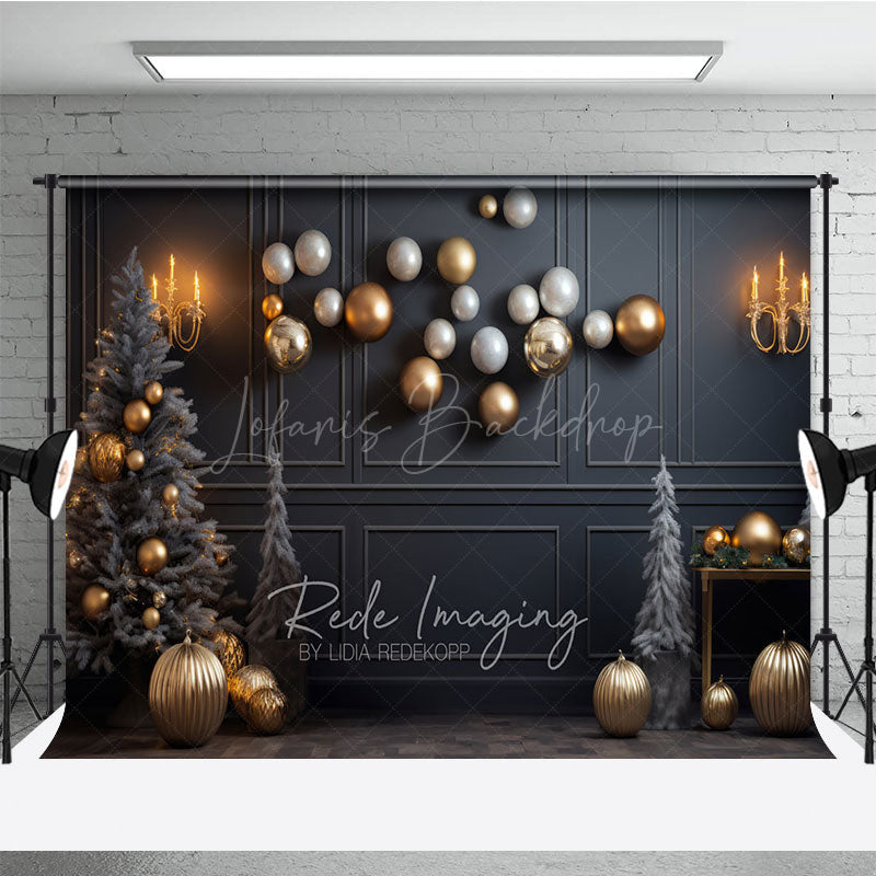 Lofaris Modern Grey and Gold Christmas Photography Backdrop Floating Ornaments with Flocked Trees Elegant Holiday Decor
