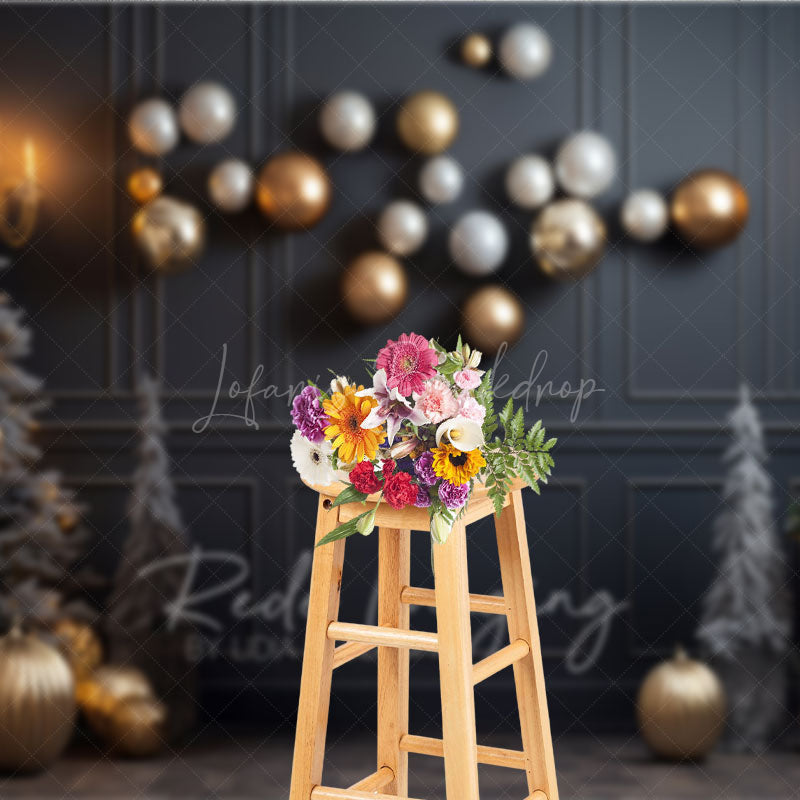 Lofaris Modern Grey and Gold Christmas Photography Backdrop Floating Ornaments with Flocked Trees Elegant Holiday Decor
