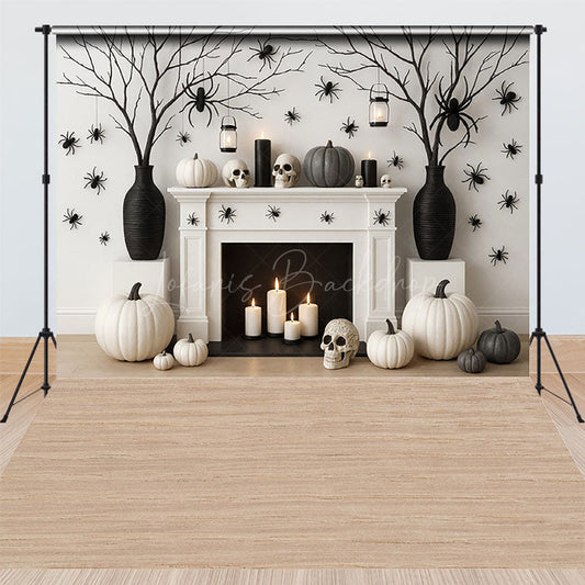 Lofaris Modern Halloween Fireplace Combo Set Backdrop Chic Black and White Decor Spooky Studio Photo Shoots