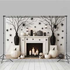 Lofaris Modern Halloween Fireplace Photography Backdrop Chic Black and White Decor Spooky Studio Photo Shoots